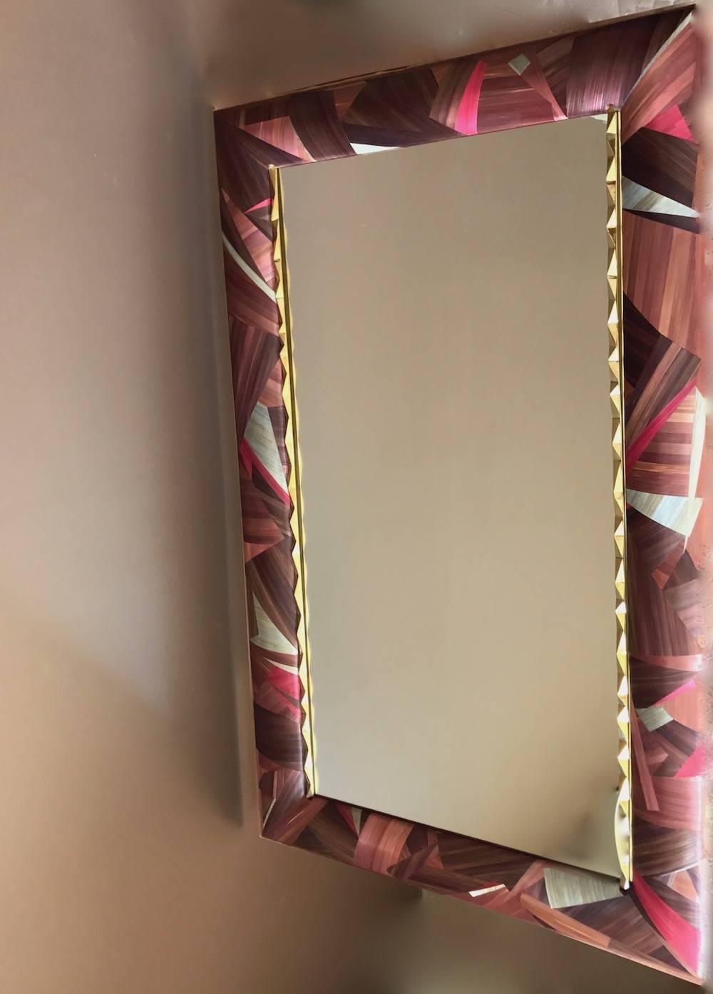 Contemporary Unique French Brass and Golden Straw Marquetry Mirror