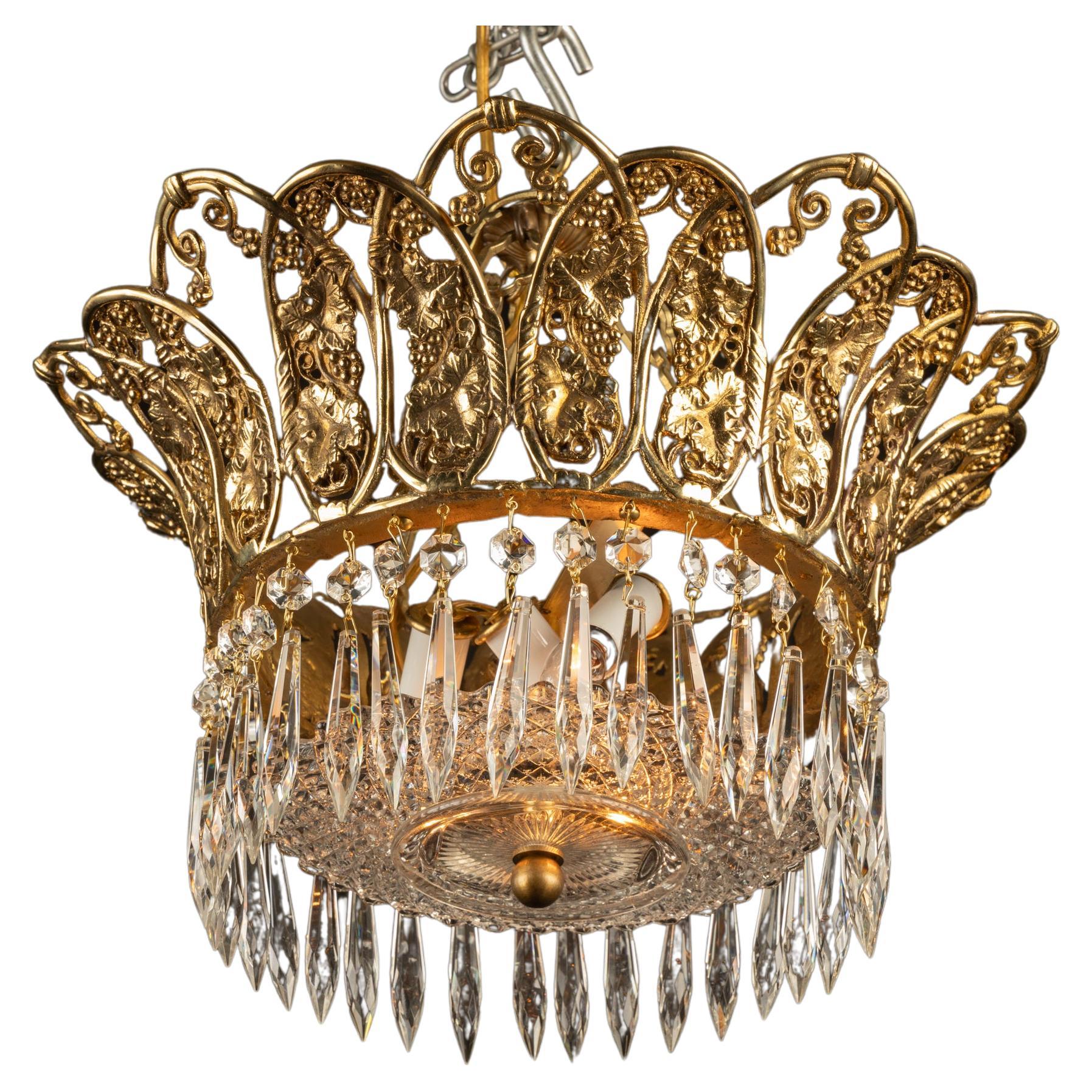 Unique French Bronze and Crystal Chandelier with Grape Motif, Early 20th Century For Sale