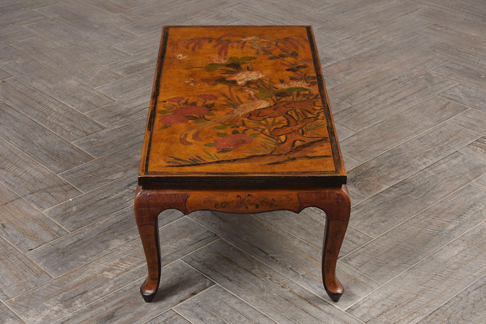 French Provincial Unique French Chinoiserie Painted Low Coffee Table