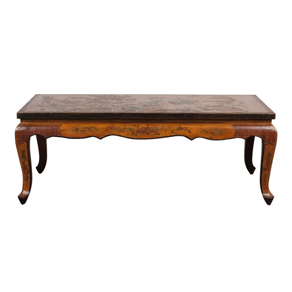 Wood Unique French Chinoiserie Painted Low Coffee Table
