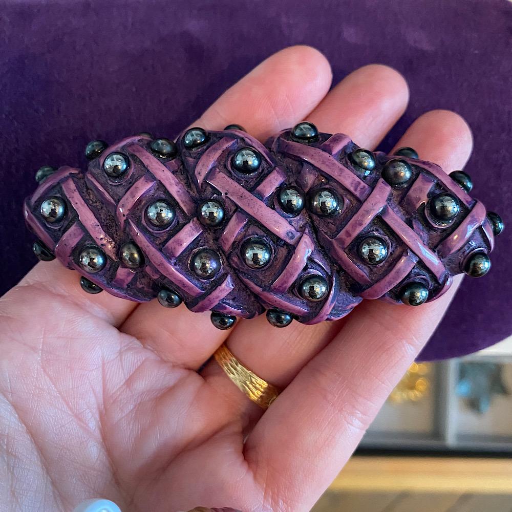 Women's Unique French Couture Vintage Purple Resin Brooch 80s For Sale