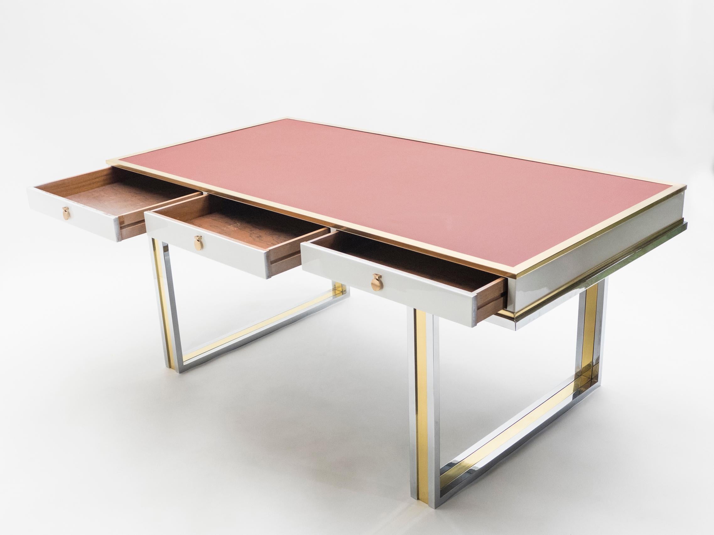 Unique French Desk White Lacquer Brass Red Leather by Atelier La Boetie, 1974 3