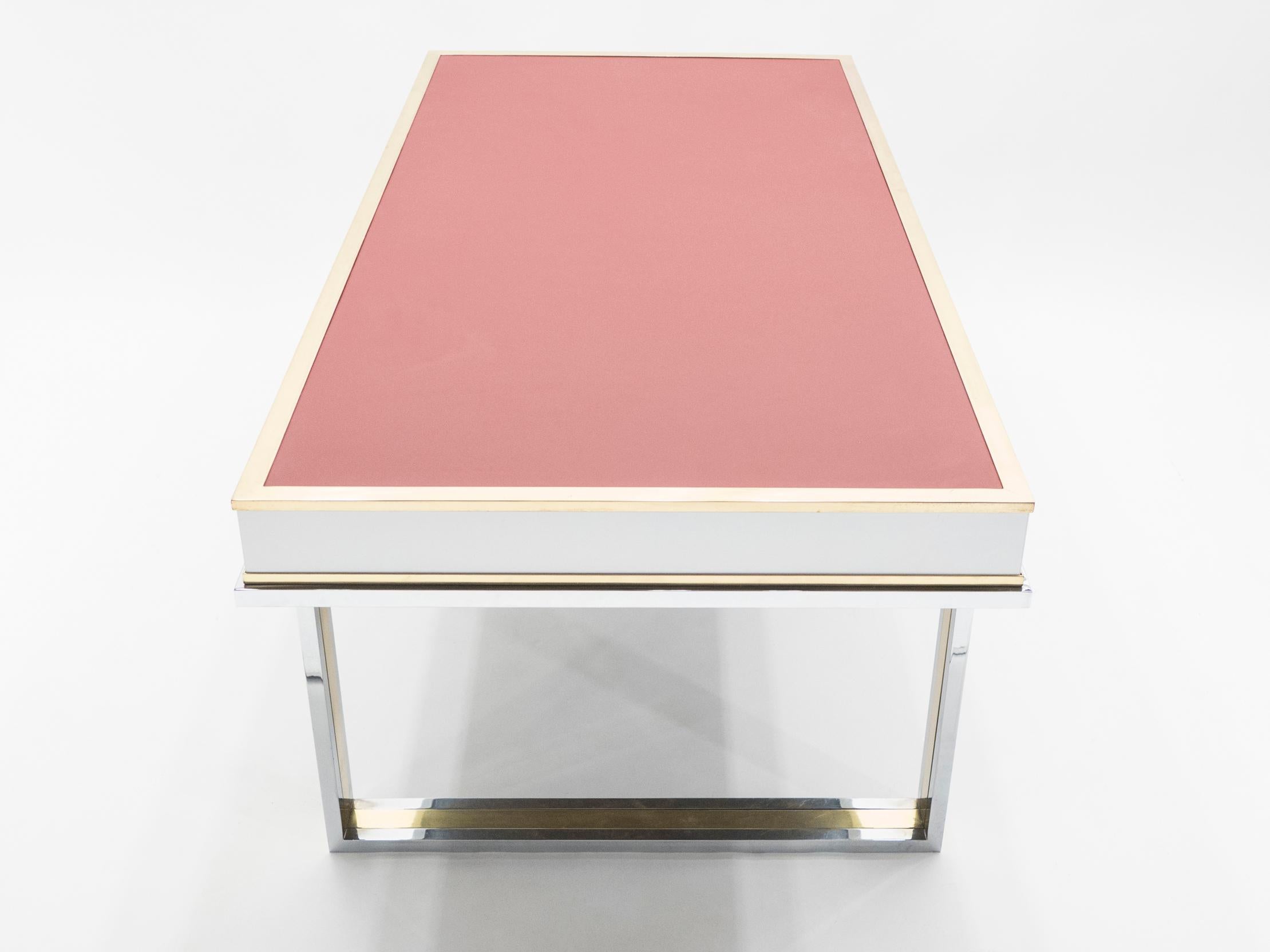 Unique French Desk White Lacquer Brass Red Leather by Atelier La Boetie, 1974 4