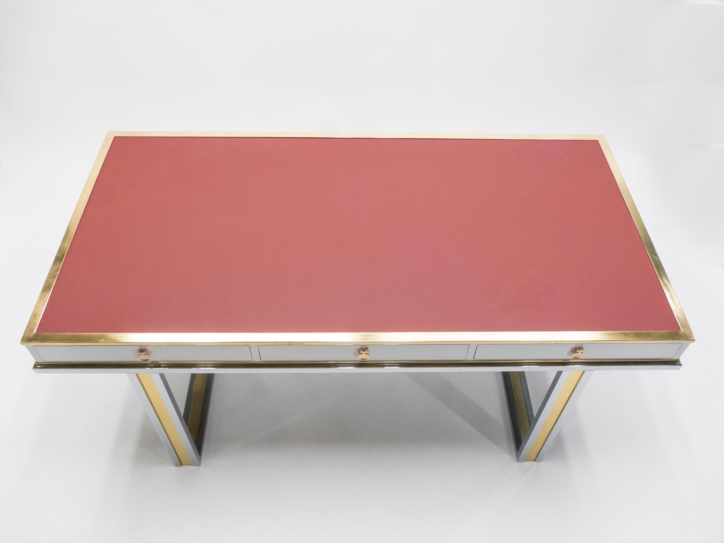 Unique French Desk White Lacquer Brass Red Leather by Atelier La Boetie, 1974 6