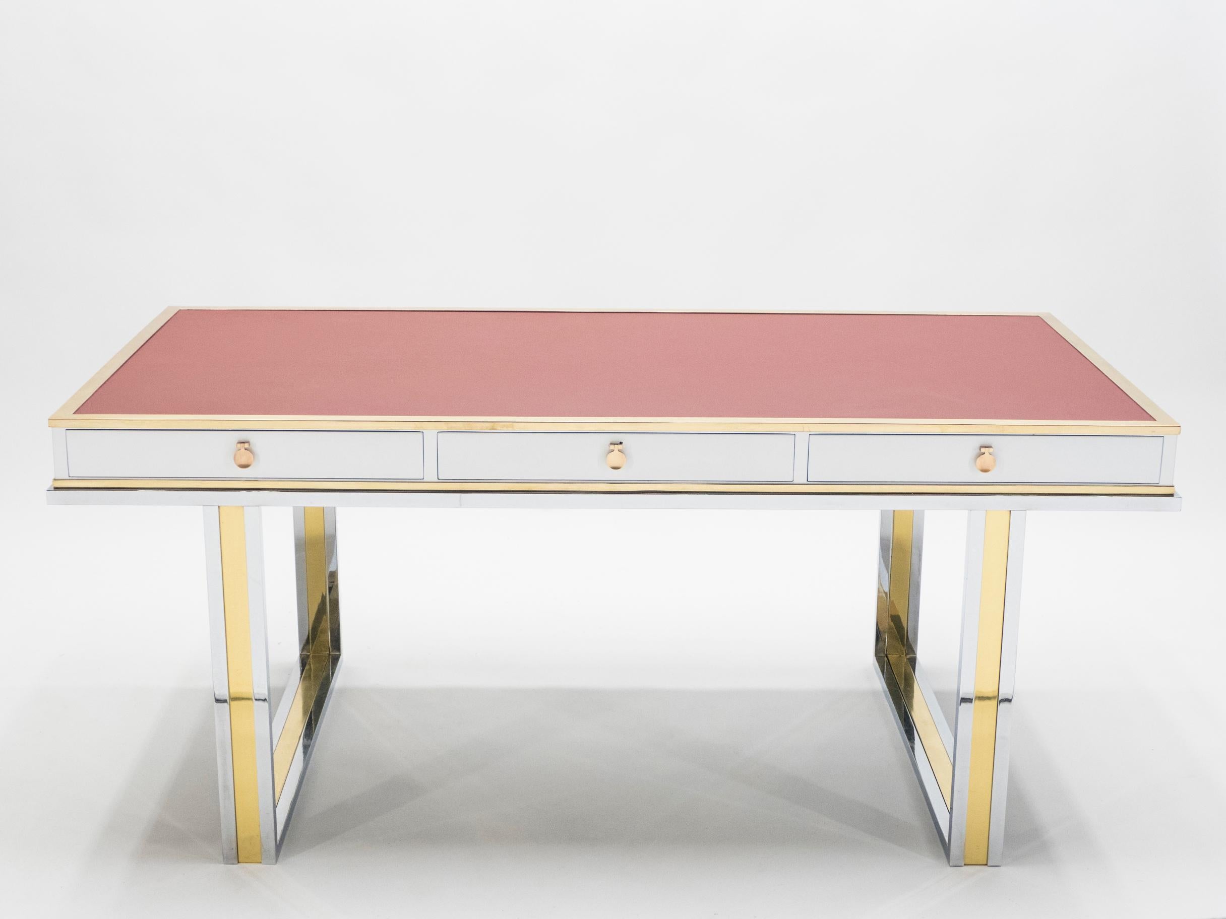 Atelier La Boetie was a confidential interior design studio during the 1970s in France that only made customized pieces commissioned by elite clients. This large desk, made in 1974 for one such client, is an example of the unique design and high