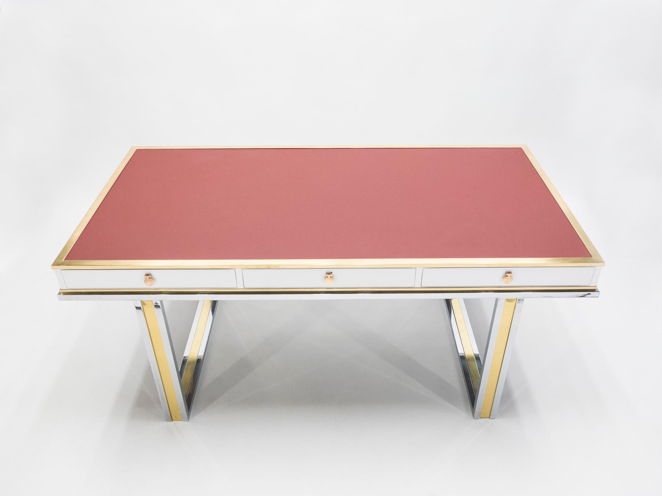 Unique French Desk White Lacquer Brass Red Leather by Atelier La Boetie, 1974 (Hollywood Regency)