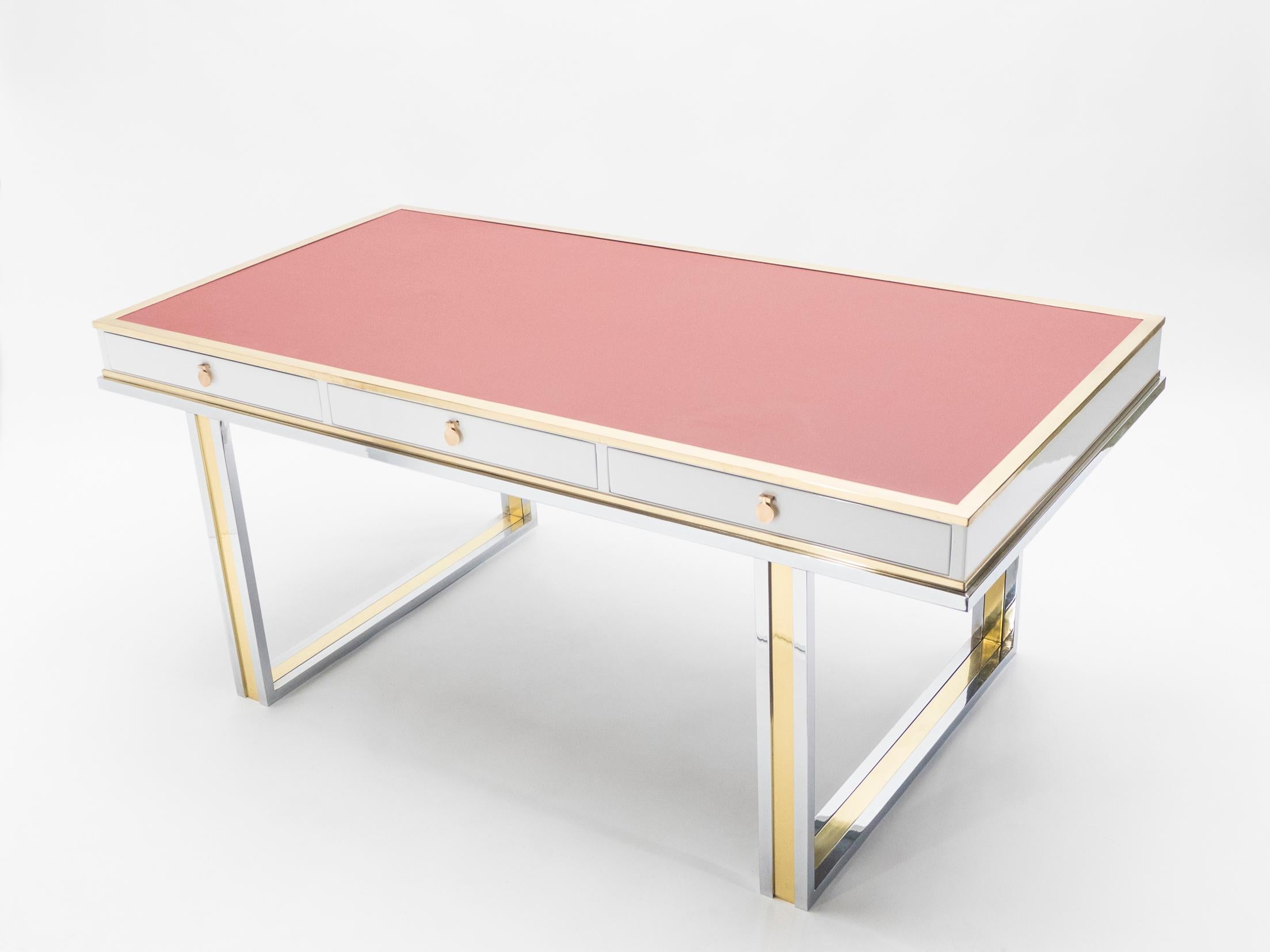 Unique French Desk White Lacquer Brass Red Leather by Atelier La Boetie, 1974 (Messing)