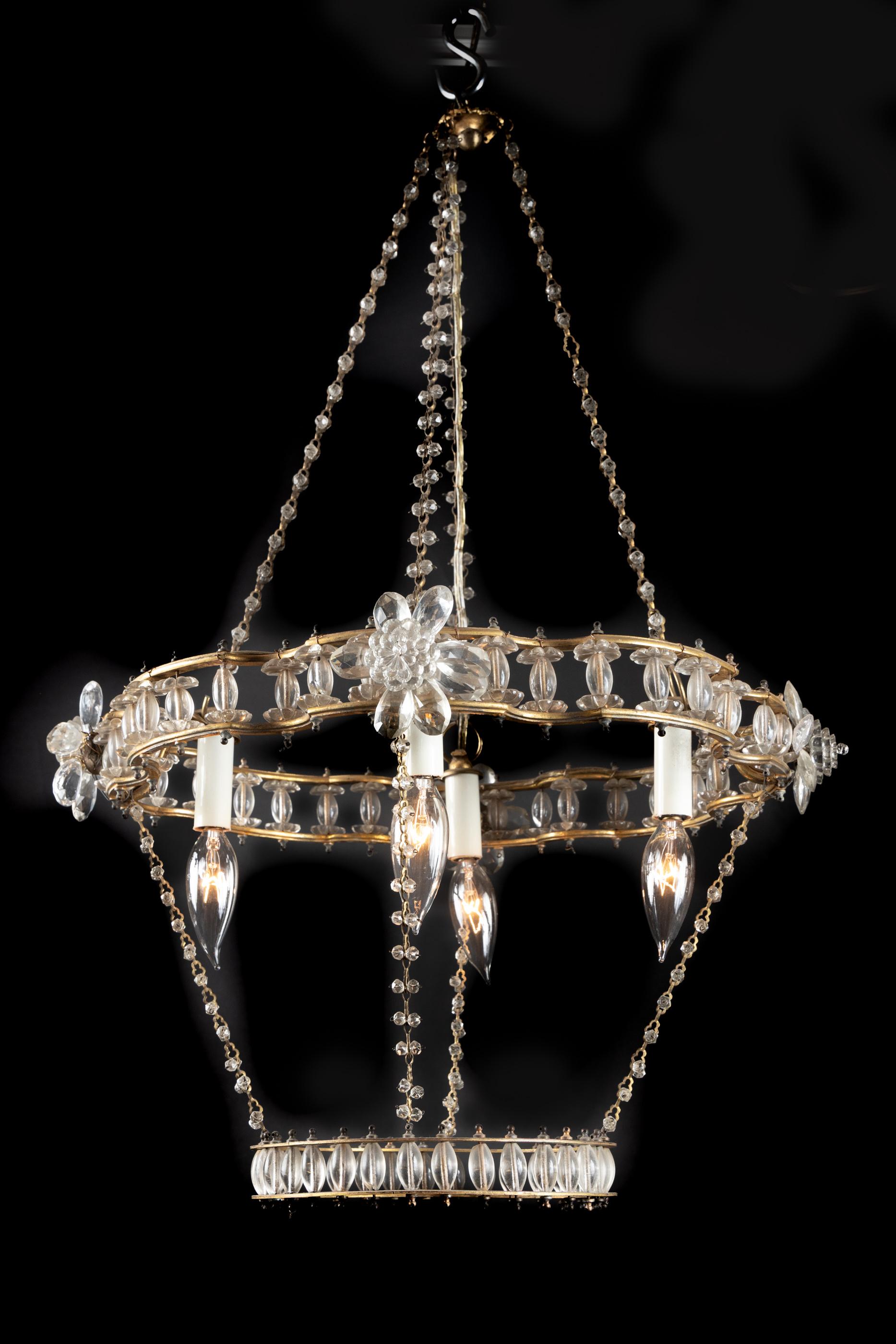 Français Lustre unique en bronze et cristal français du début du 20e siècle en vente