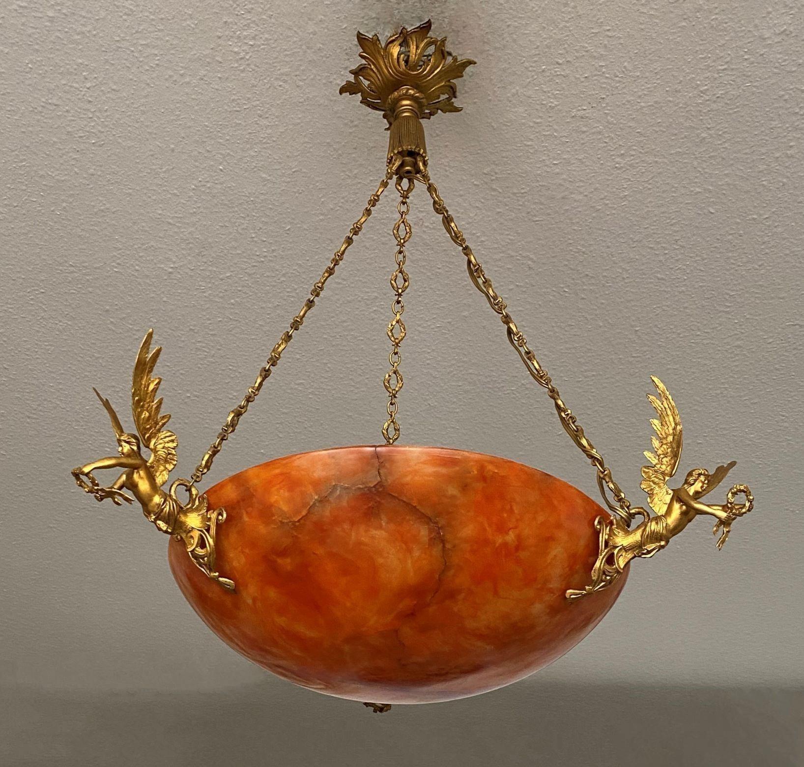 Unique French Empire Style Gilt Bronze Alabaster Chandelier, Late 19th Century 8