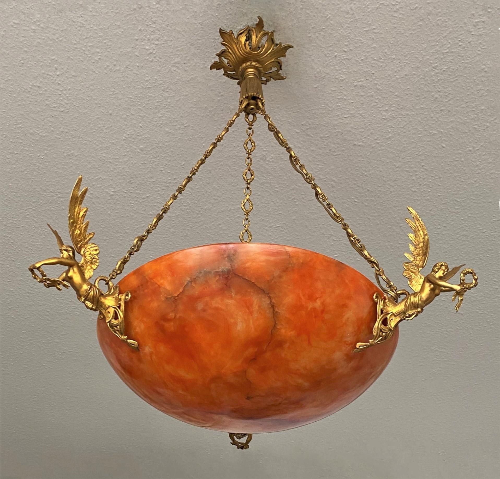 Unique French Empire Style Gilt Bronze Alabaster Chandelier, Late 19th Century 9
