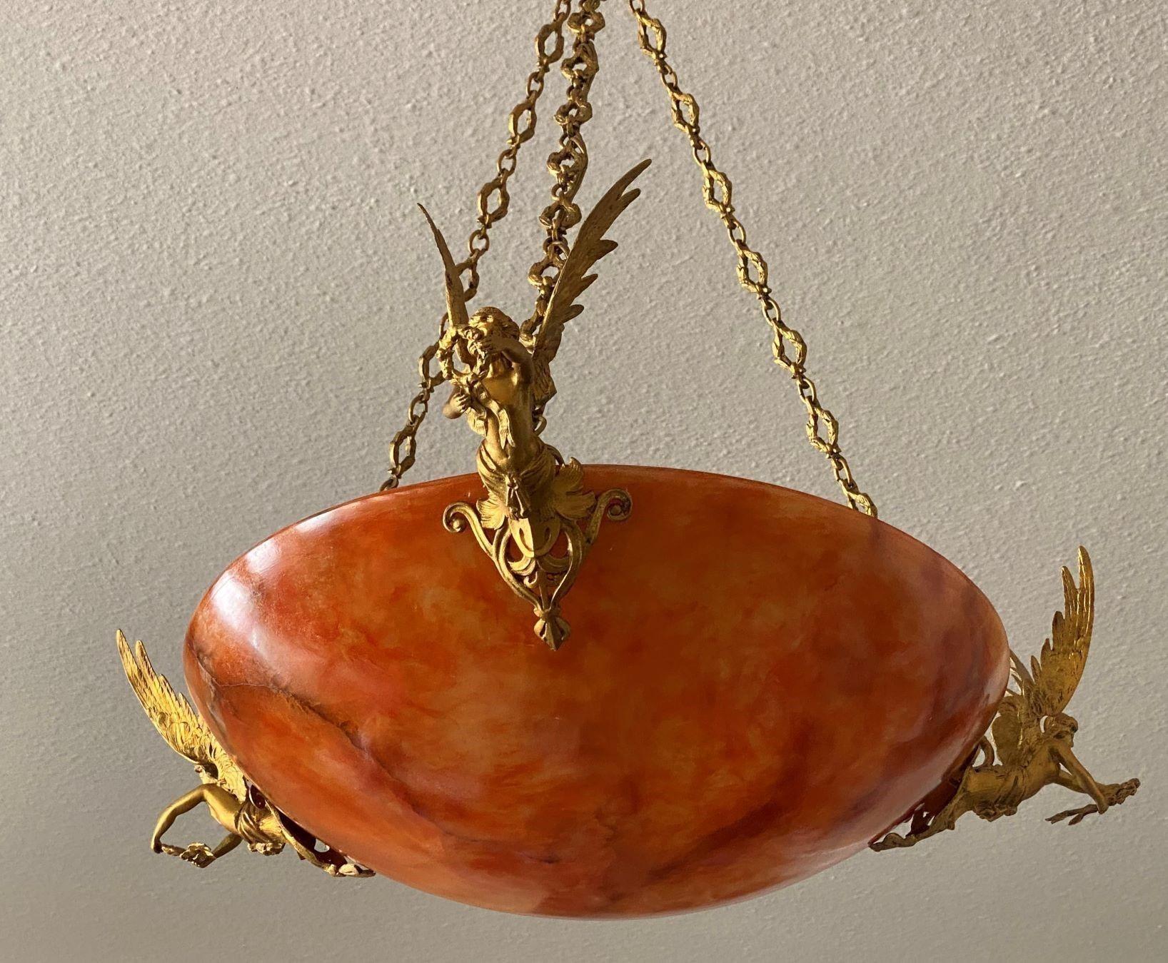 Unique French Empire Style Gilt Bronze Alabaster Chandelier, Late 19th Century 10