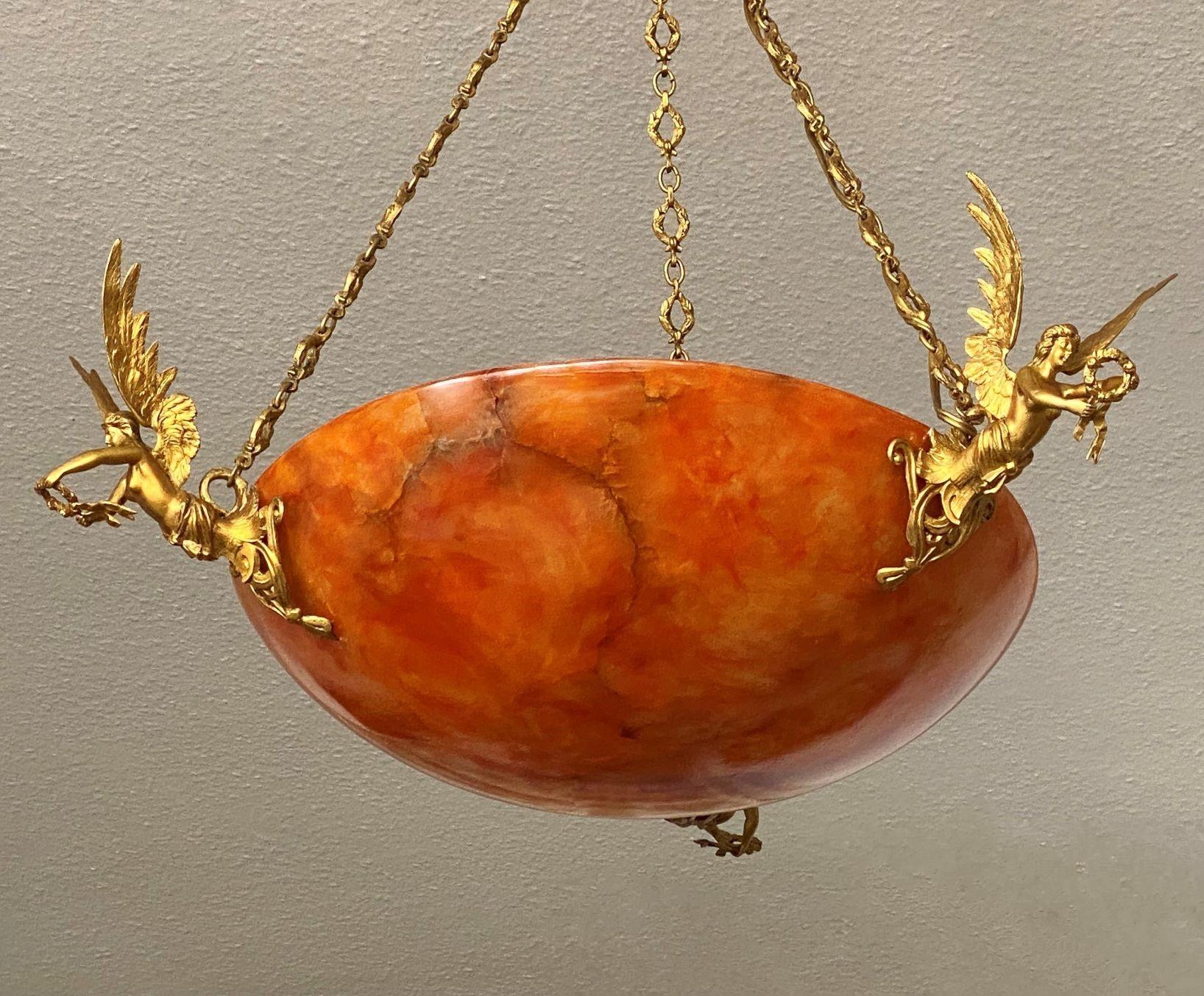 Unique French Empire Style Gilt Bronze Alabaster Chandelier, Late 19th Century 11