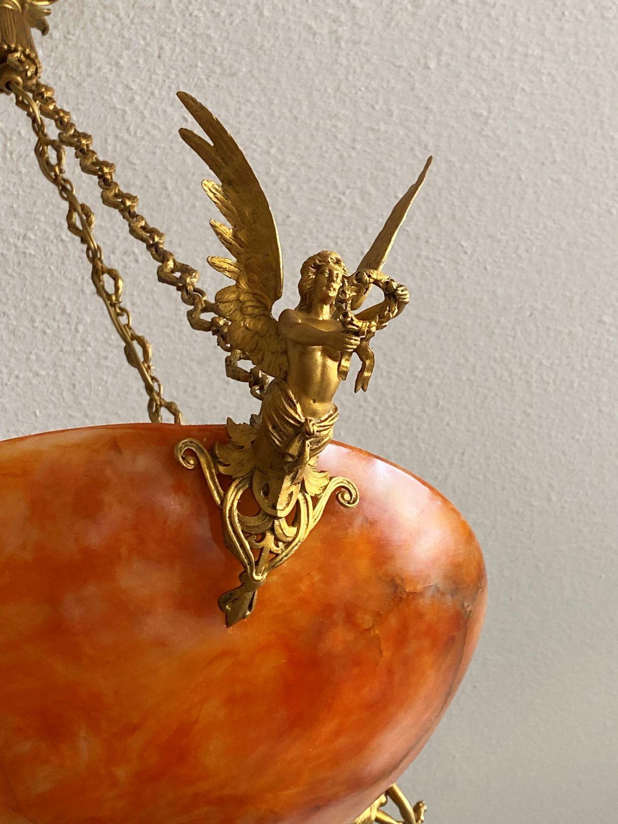 Unique French Empire Style Gilt Bronze Alabaster Chandelier, Late 19th Century 15