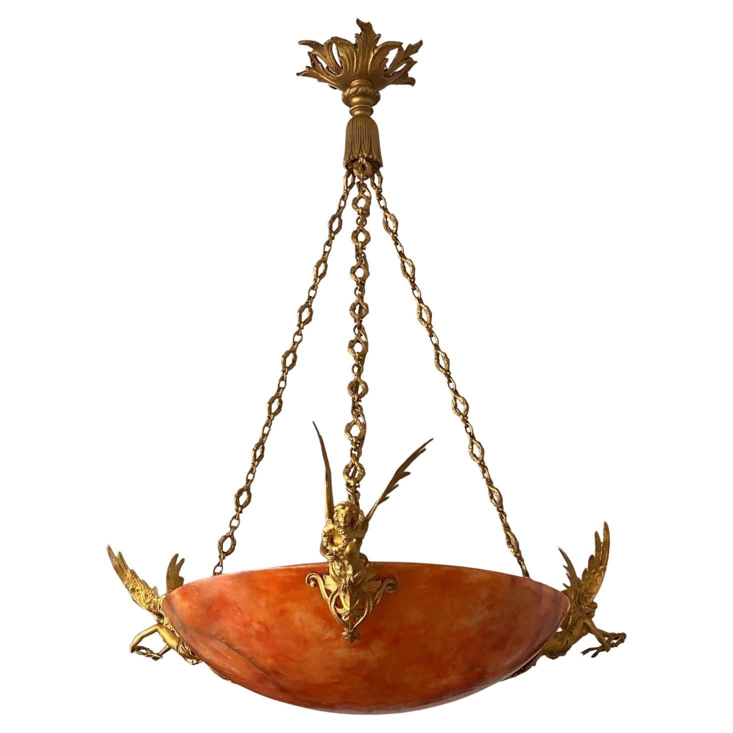 Unique French Empire Style Gilt Bronze Alabaster Chandelier, Late 19th Century 17