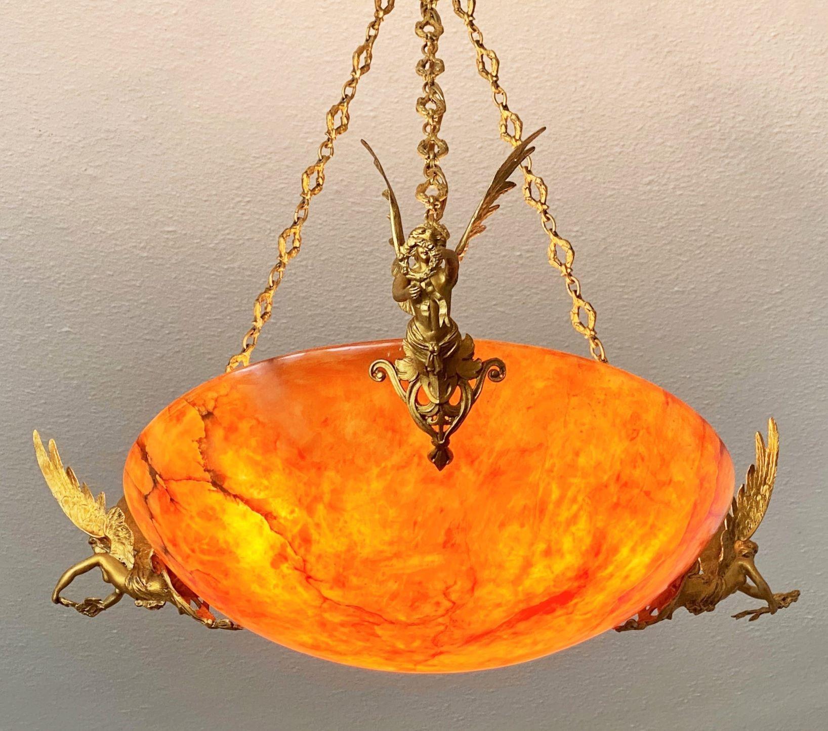 Unique French Empire Style Gilt Bronze Alabaster Chandelier, Late 19th Century 1