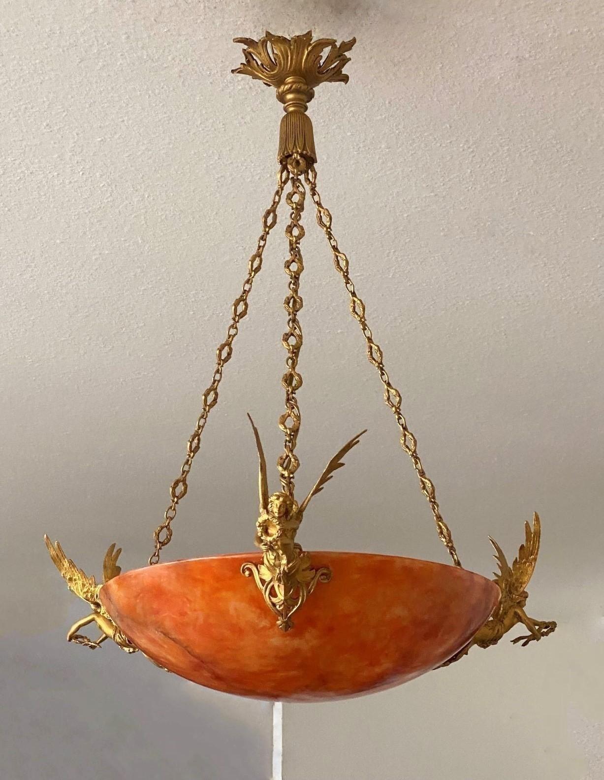 Unique French Empire Style Gilt Bronze Alabaster Chandelier, Late 19th Century 3