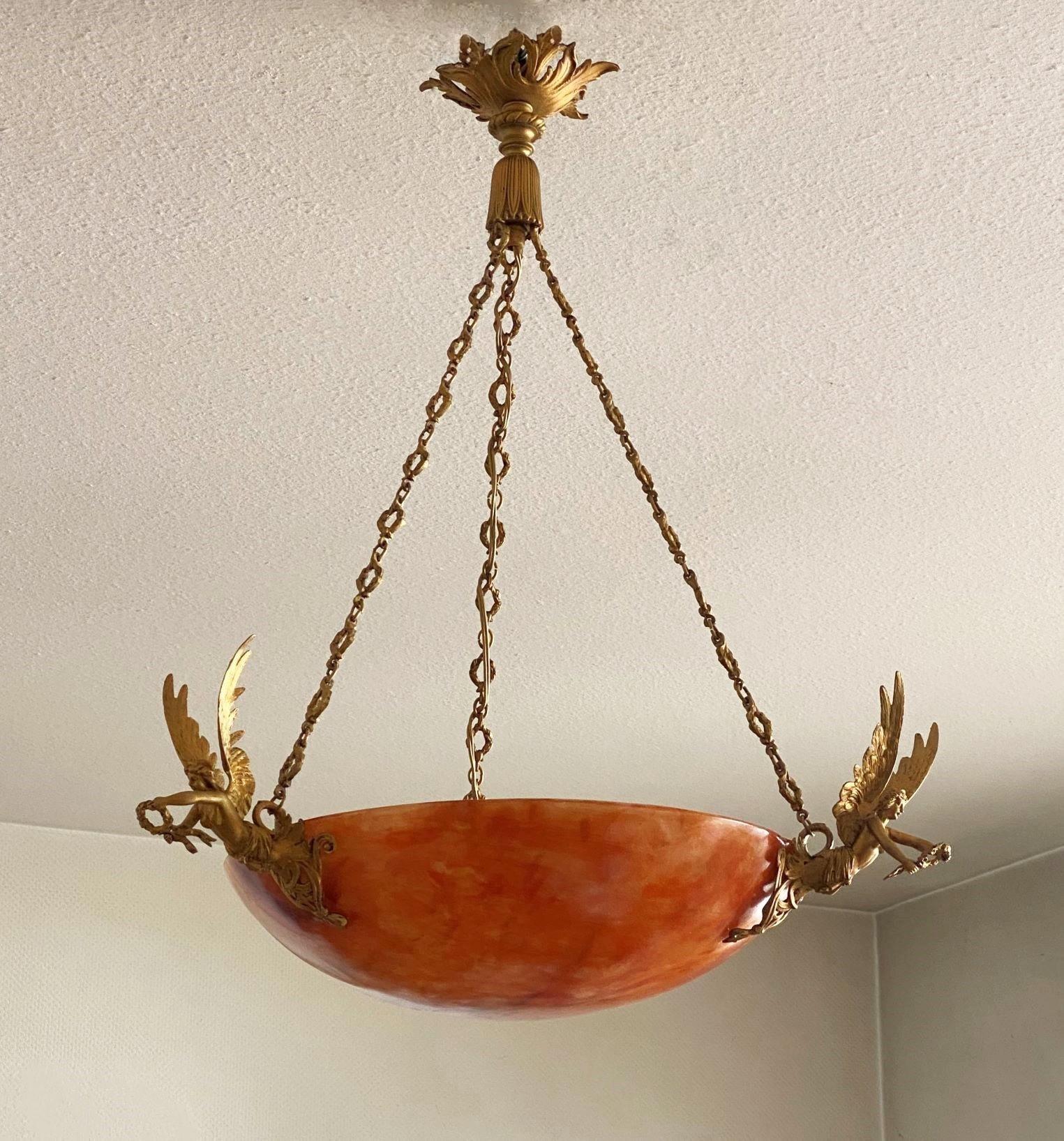 Unique French Empire Style Gilt Bronze Alabaster Chandelier, Late 19th Century 4