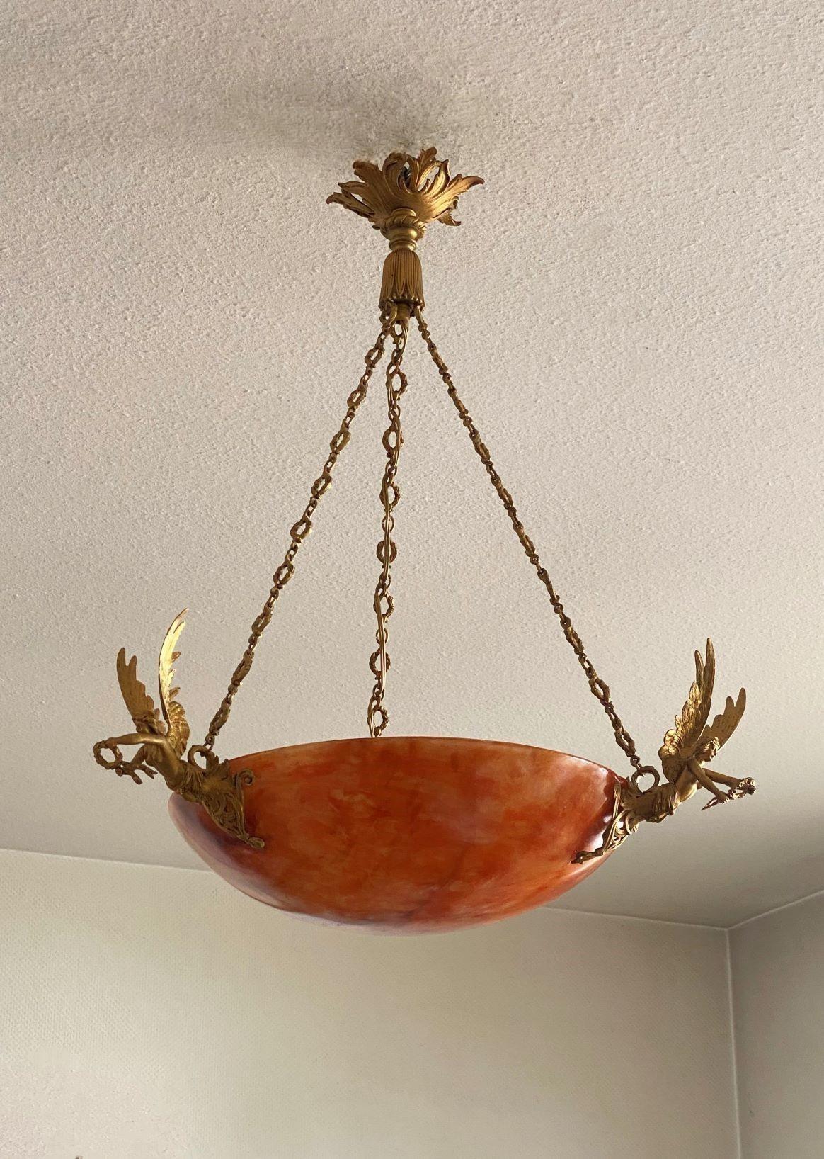 Unique French Empire Style Gilt Bronze Alabaster Chandelier, Late 19th Century 5