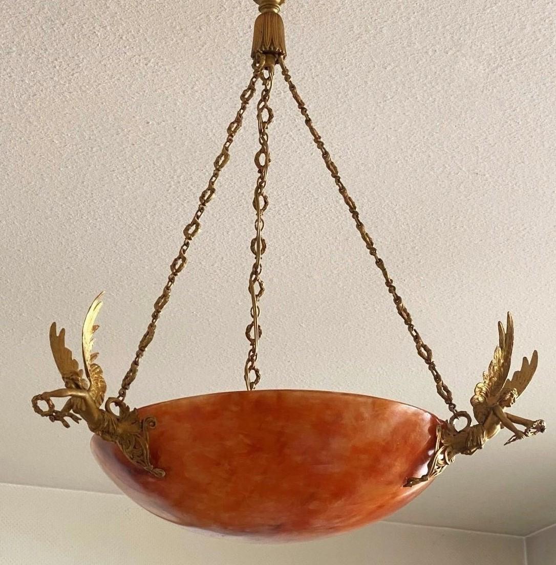 Unique French Empire Style Gilt Bronze Alabaster Chandelier, Late 19th Century 6