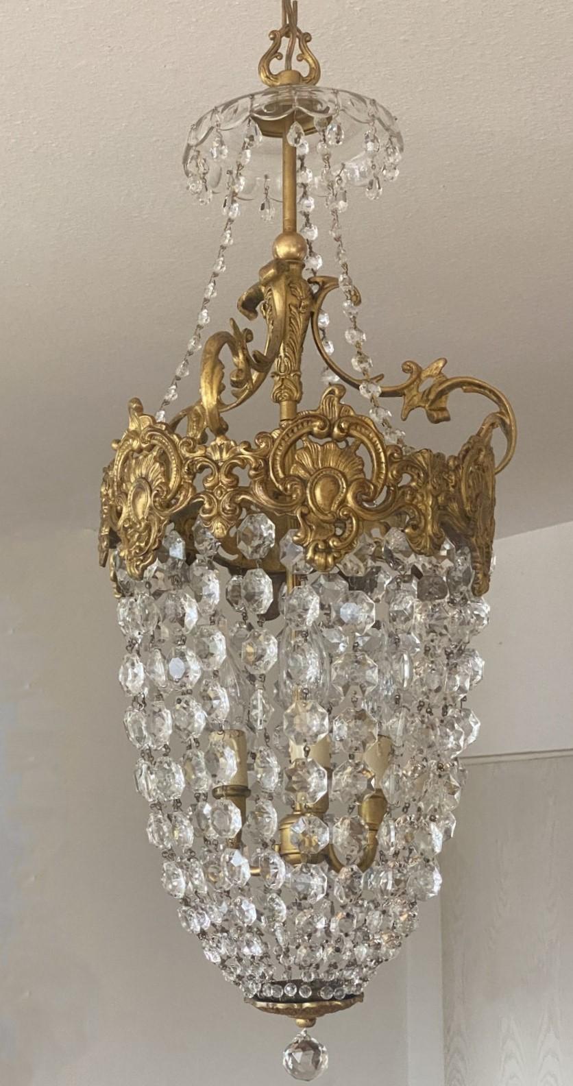 Art Déco Lanterna o lampadario a tre luci in cristallo dorato francese unico nel suo genere, 1910-1920 in vendita