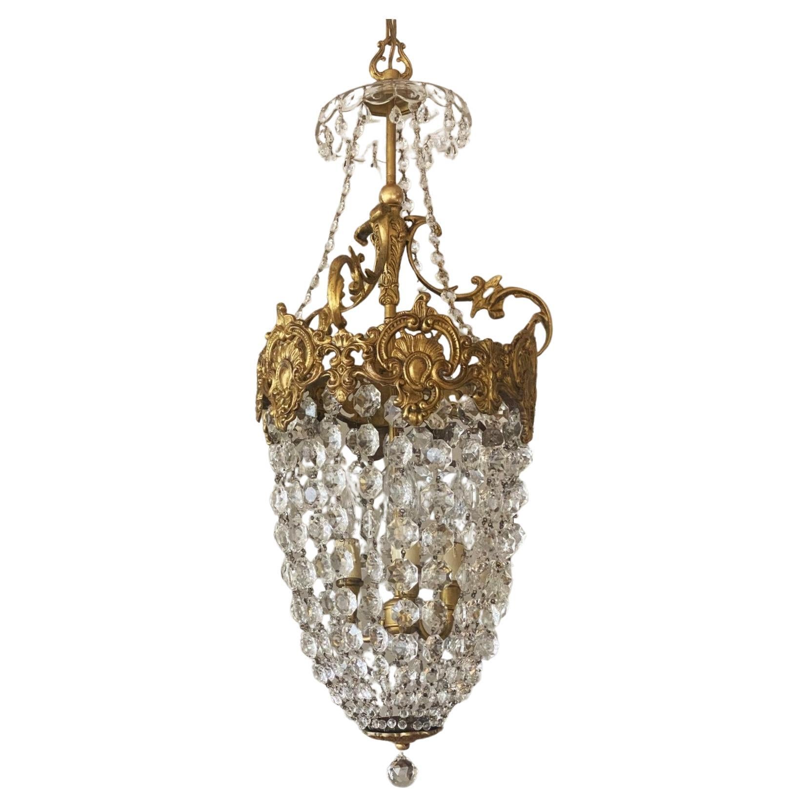 Lanterna o lampadario a tre luci in cristallo dorato francese unico nel suo genere, 1910-1920 in vendita 8