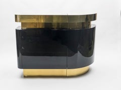 Unique French Hollywood Regency Lacquer Brass Bar Cabinet J.C. Mahey, 1970s