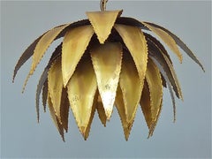 Unique French Maison Jansen Artichoke Palm Leaf Chandelier Patinated Brass 1970s