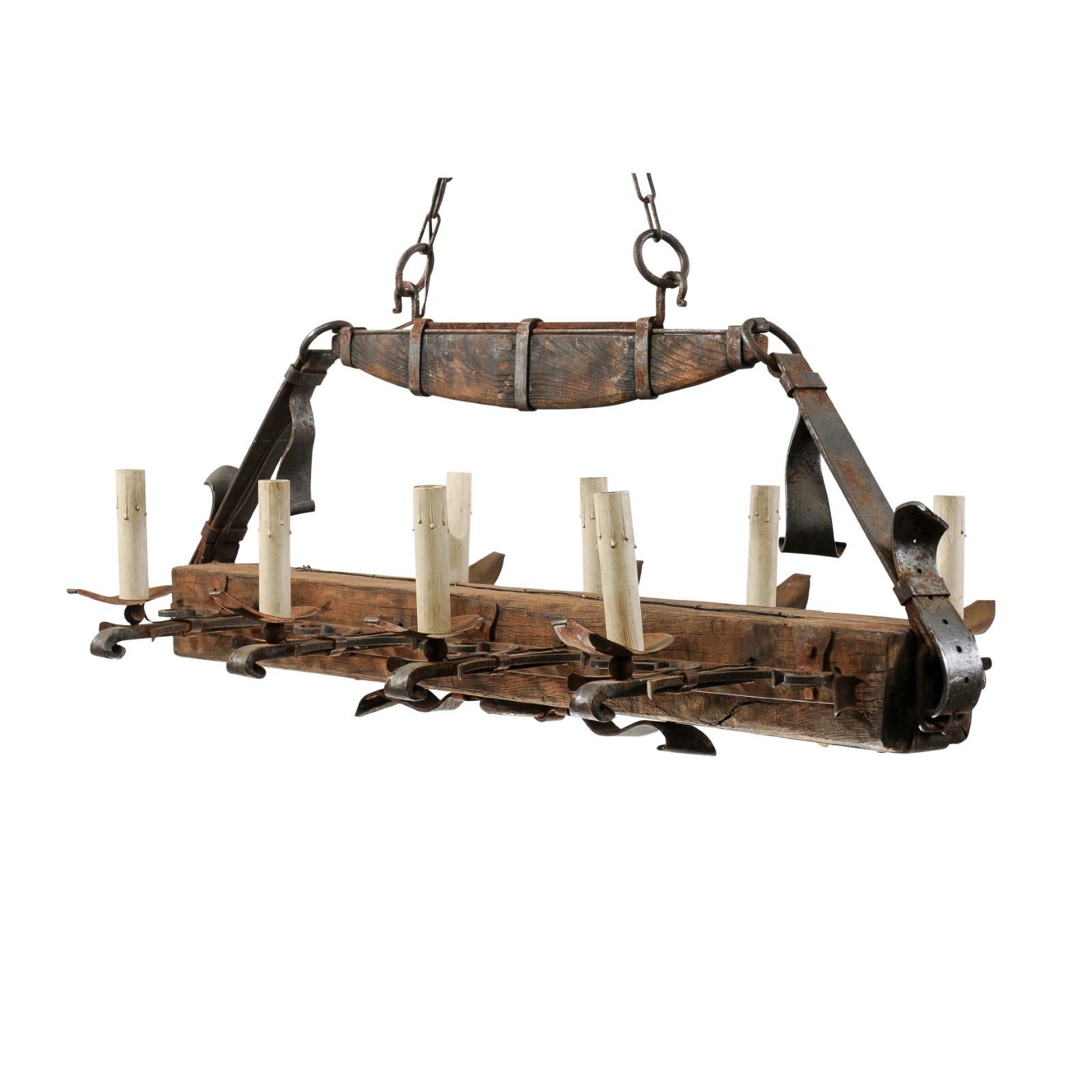 Unique French Midcentury Wooden Beam and Iron "Belted" Gentleman's Chandelier