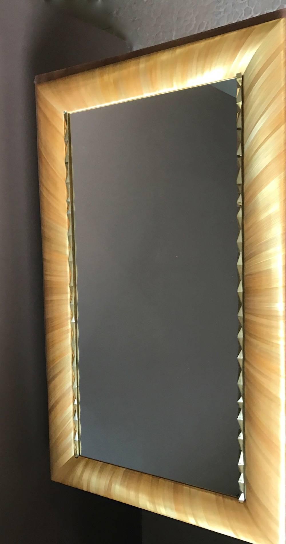 Embossed Unique French Straw and Brass Marquetry Mirror La Vie en Rose