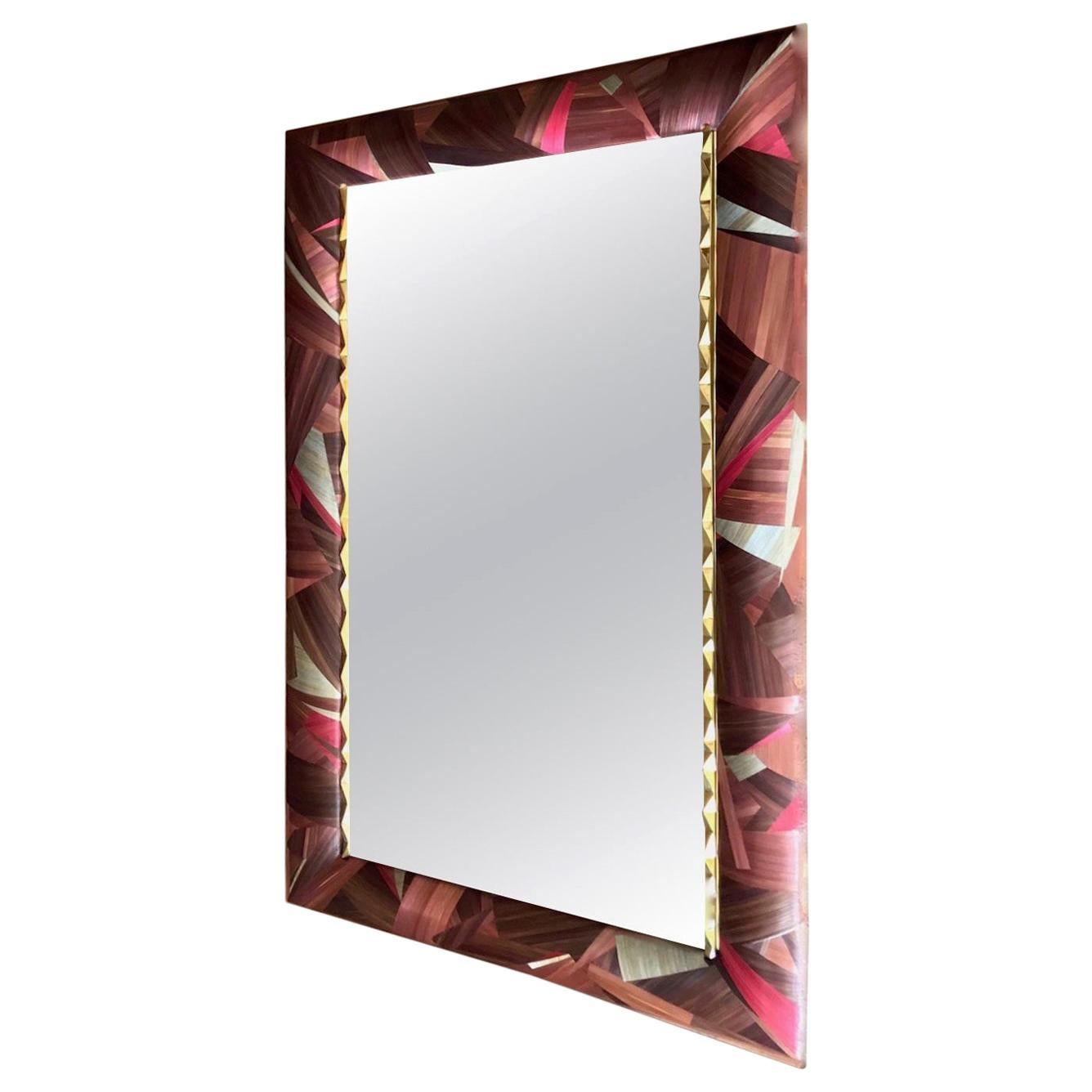 Unique French Straw and Brass Marquetry Mirror La Vie en Rose