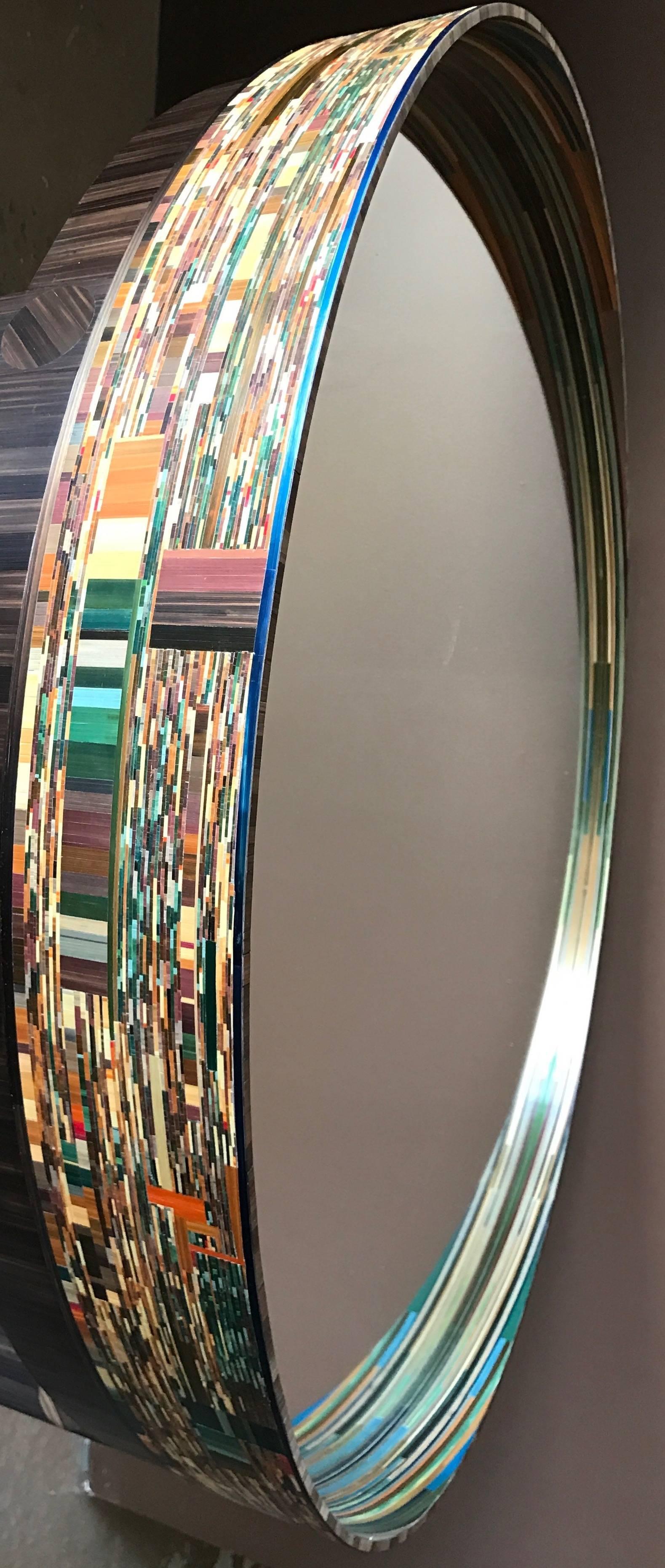 Embossed Unique French Straw Marquetry Multi-Color Mirror