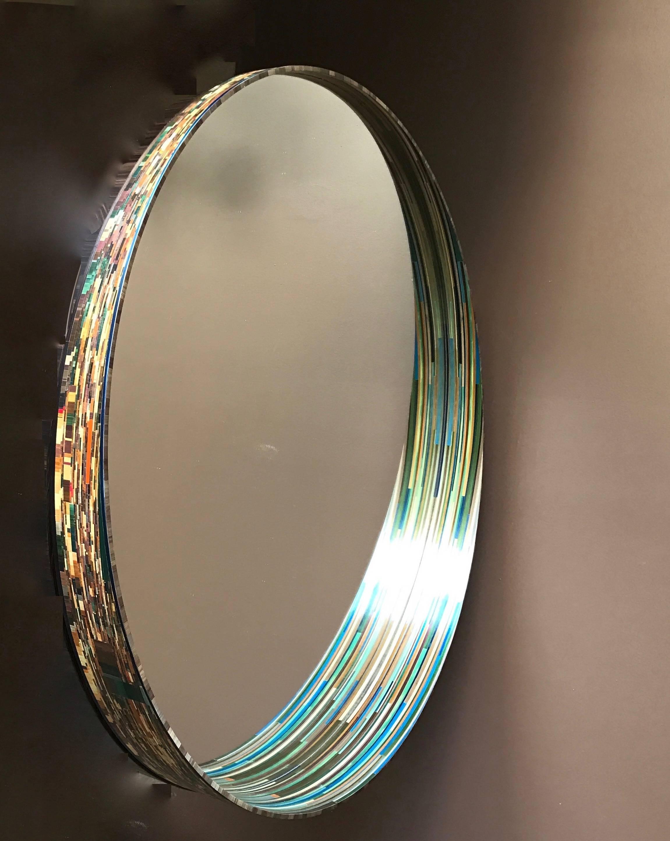 Contemporary Unique French Straw Marquetry Multi-Color Mirror