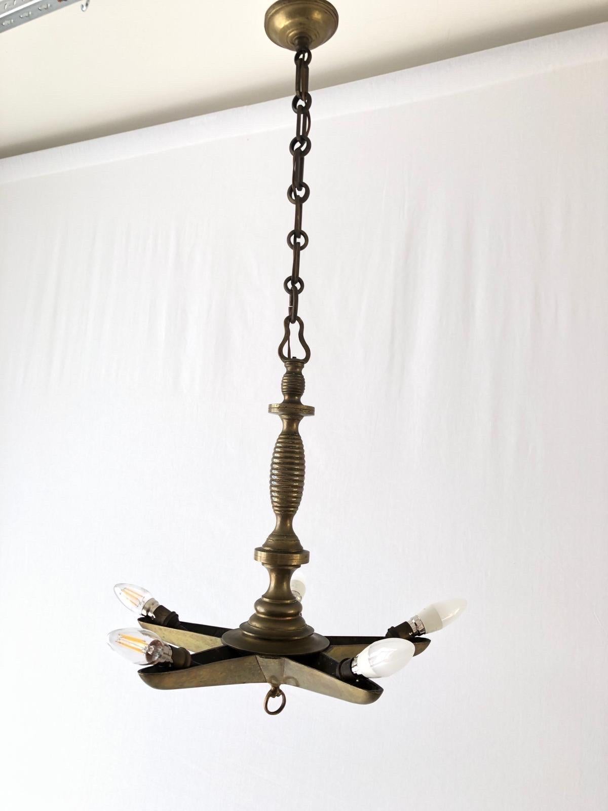 Mid-20th Century Unique Full Brass Star Design Church Chandelier, 1940s, France For Sale