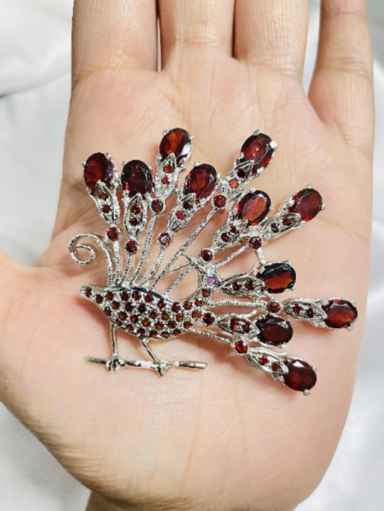 Artisan Natural Garnet and Amethyst Peacock Brooch Pin 925 Sterling Silver For Sale