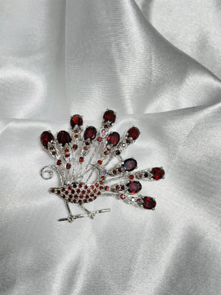 Mixed Cut Natural Garnet and Amethyst Peacock Brooch Pin 925 Sterling Silver For Sale