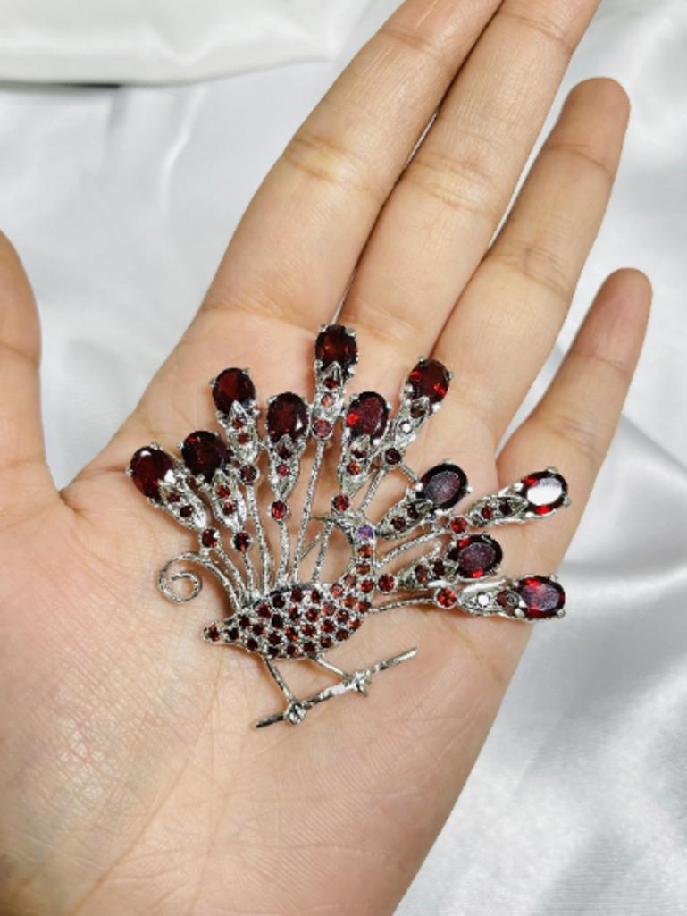 Natural Garnet and Amethyst Peacock Brooch Pin 925 Sterling Silver In New Condition In Houston, TX
