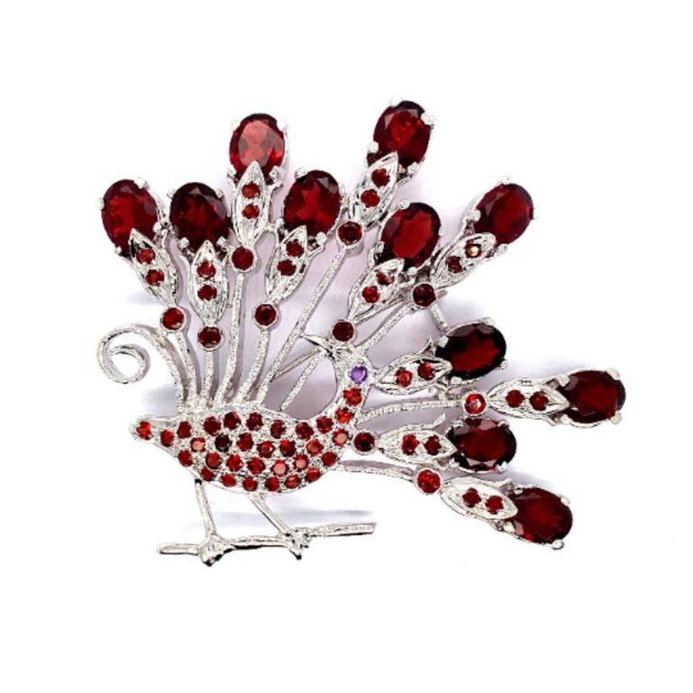Women's Natural Garnet and Amethyst Peacock Brooch Pin 925 Sterling Silver For Sale
