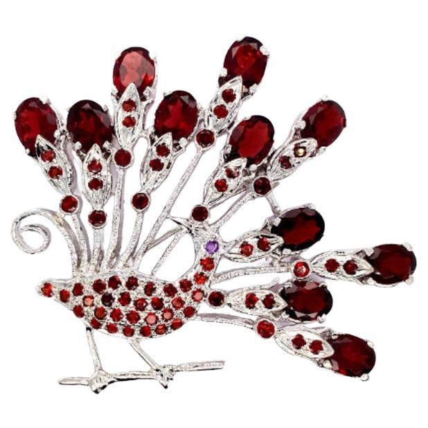 Natural Garnet and Amethyst Peacock Brooch Pin 925 Sterling Silver For Sale