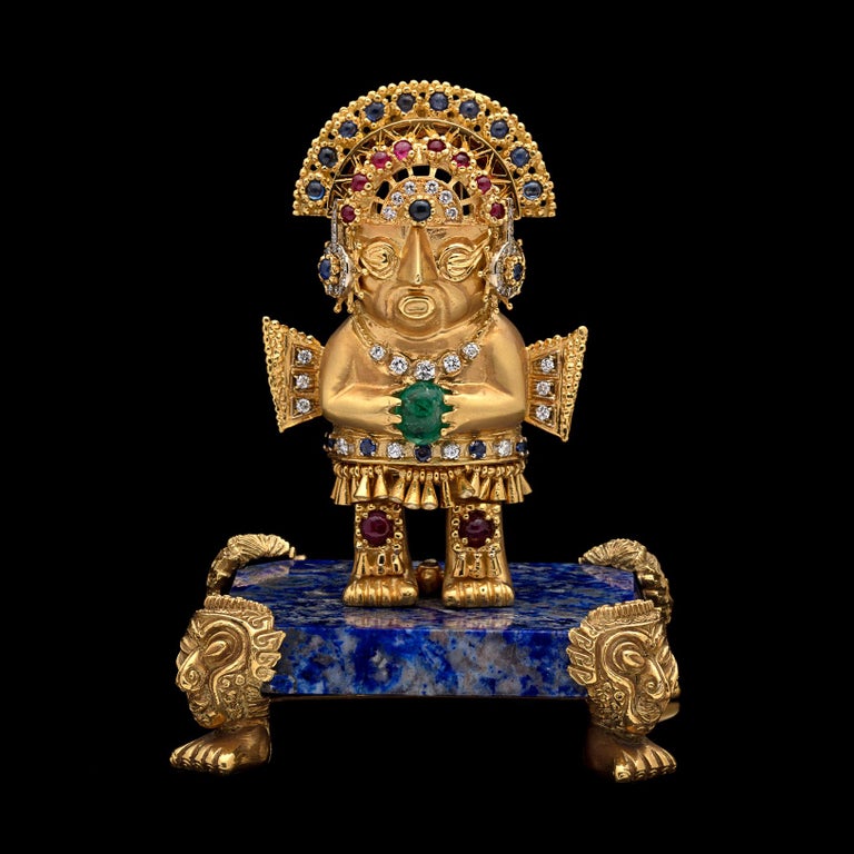 Unique Gem-Set Gold Inca Warrior Brooch with Pedestal at 1stDibs