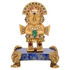 Unique Gem-Set Gold Inca Warrior Brooch with Pedestal