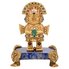 Unique Gem-Set Gold Inca Warrior Brooch with Pedestal