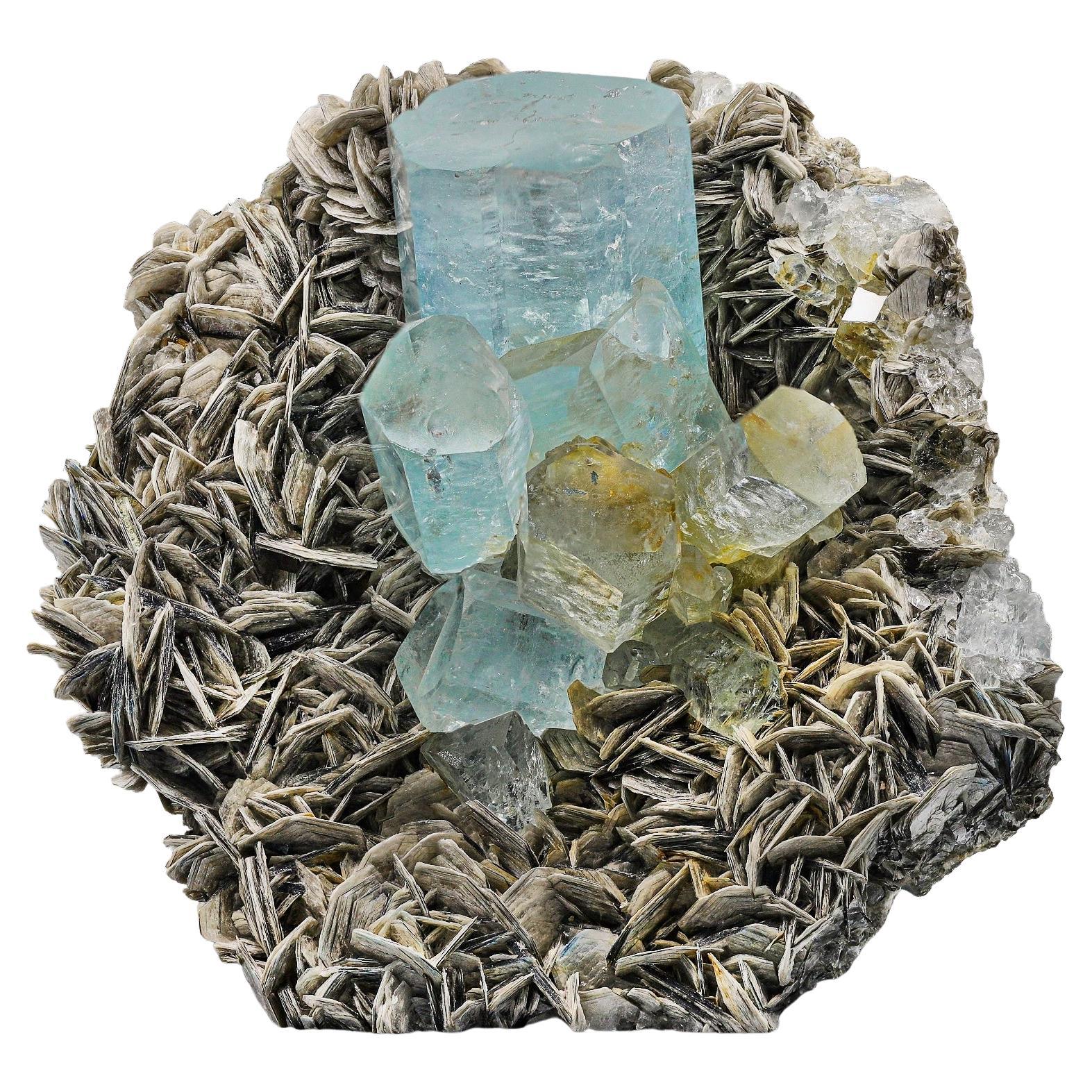 Unique Gem Specimen Aquamarine Crystal Cluster on Muscovite Matrix from Pakistan For Sale