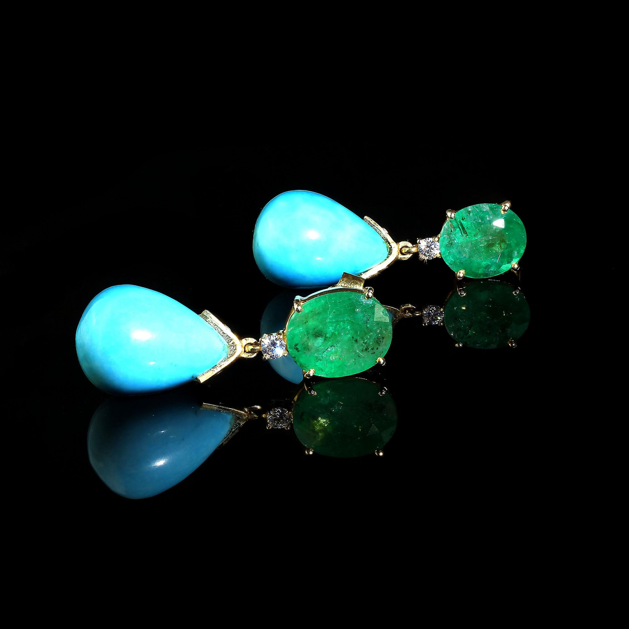One of a kind, elegant Sleeping Beauty Turquoise and Brazilian Emerald Earrings that will grace your ears during all your zoom meetings! These gorgeous earrings dangle about 1.5 inches in length and are gold rhodium plated over Sterling Silver, with