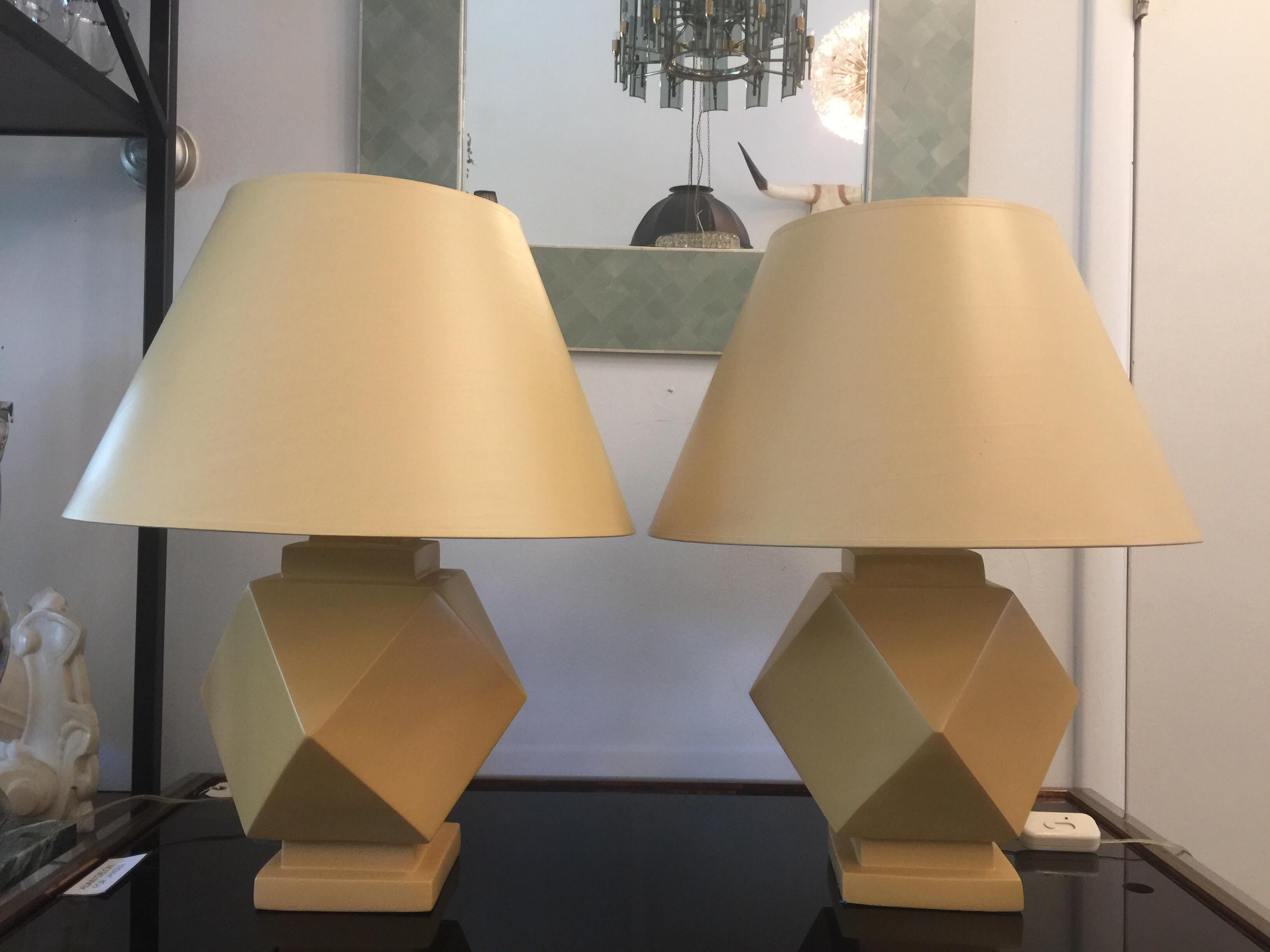 These geometric design important lamps by Sirmos Company in original yellow toned matte finish. Original shades included - double cluster light socket. Labelled.