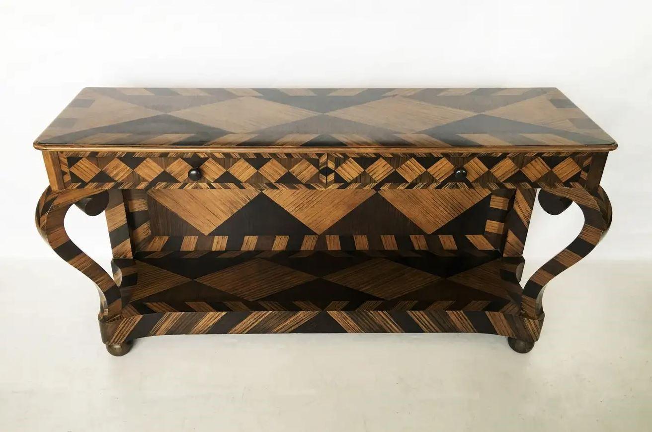 Mid-Century Modern Unique Geometric Marquetry Console Table For Sale