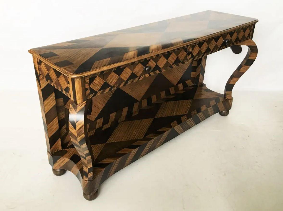 American Unique Geometric Marquetry Console Table For Sale
