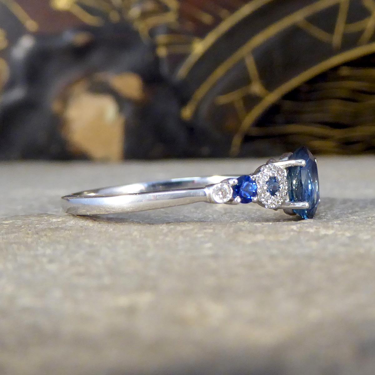 Art Deco Unique Geometric Sapphire and Diamond Ring in 18ct White Gold For Sale