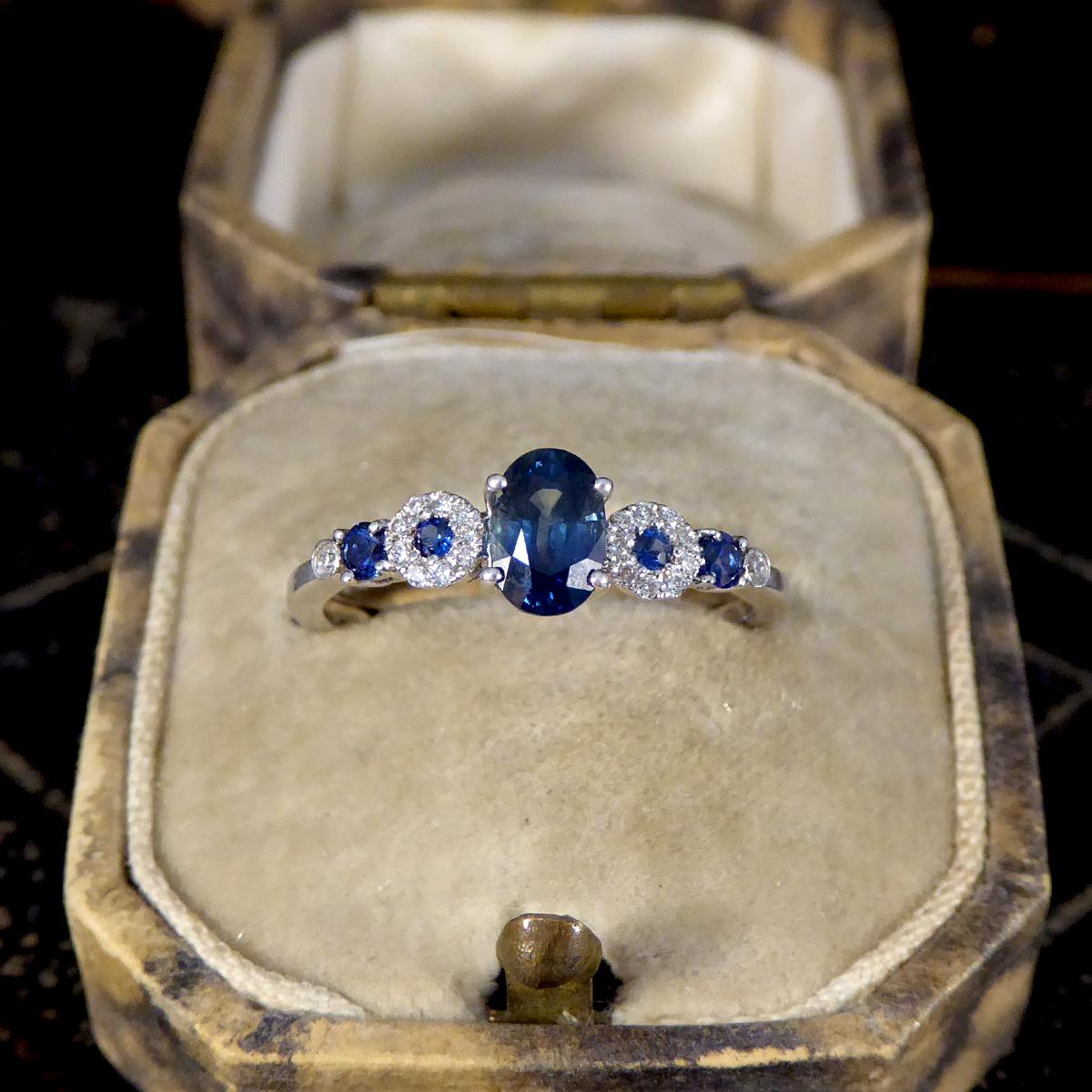 Women's Unique Geometric Sapphire and Diamond Ring in 18ct White Gold For Sale