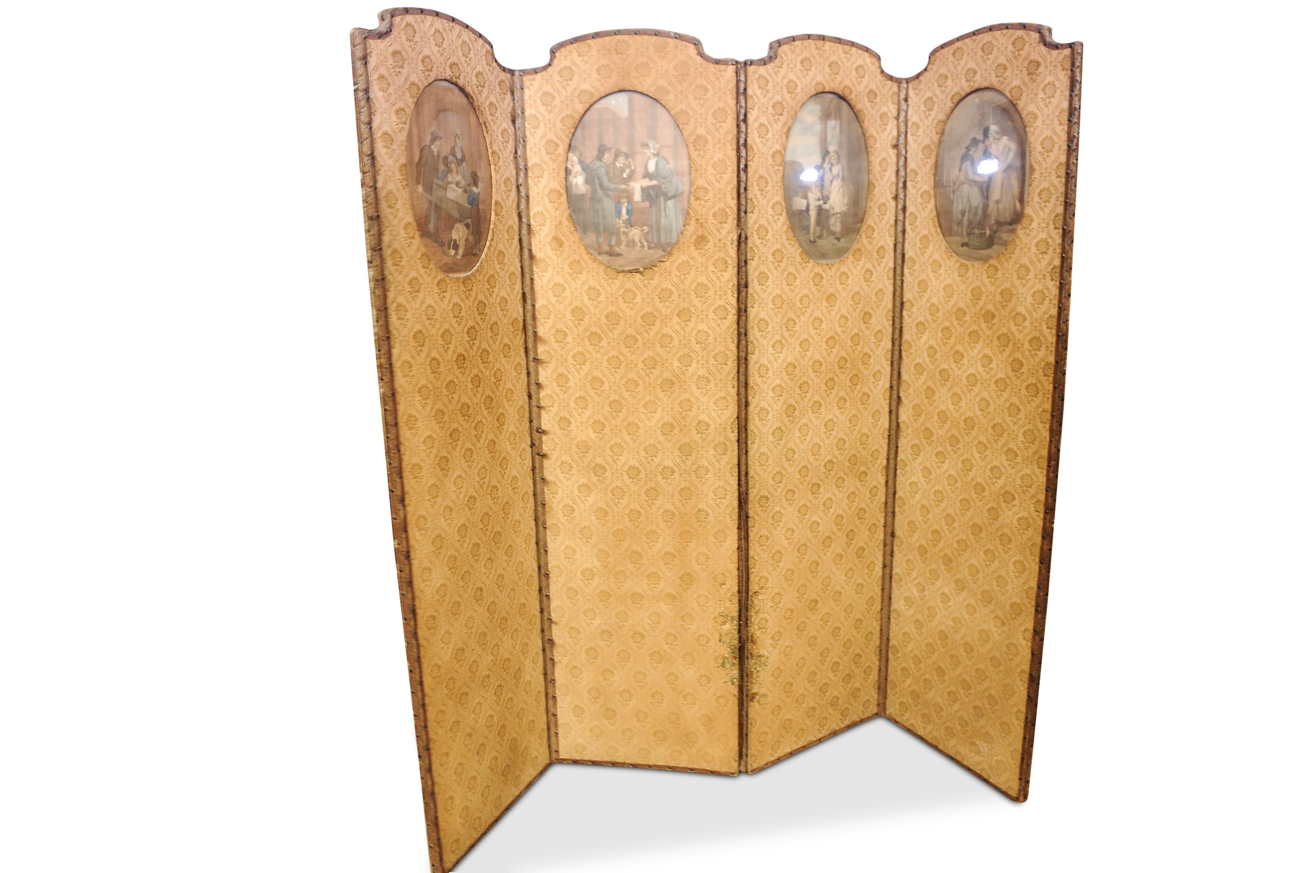 A Rare Find A Georgian Upholstered Four Fold Room Divider Boudoir Screen With A Shaped Top, Each Fold Featuring Circular 