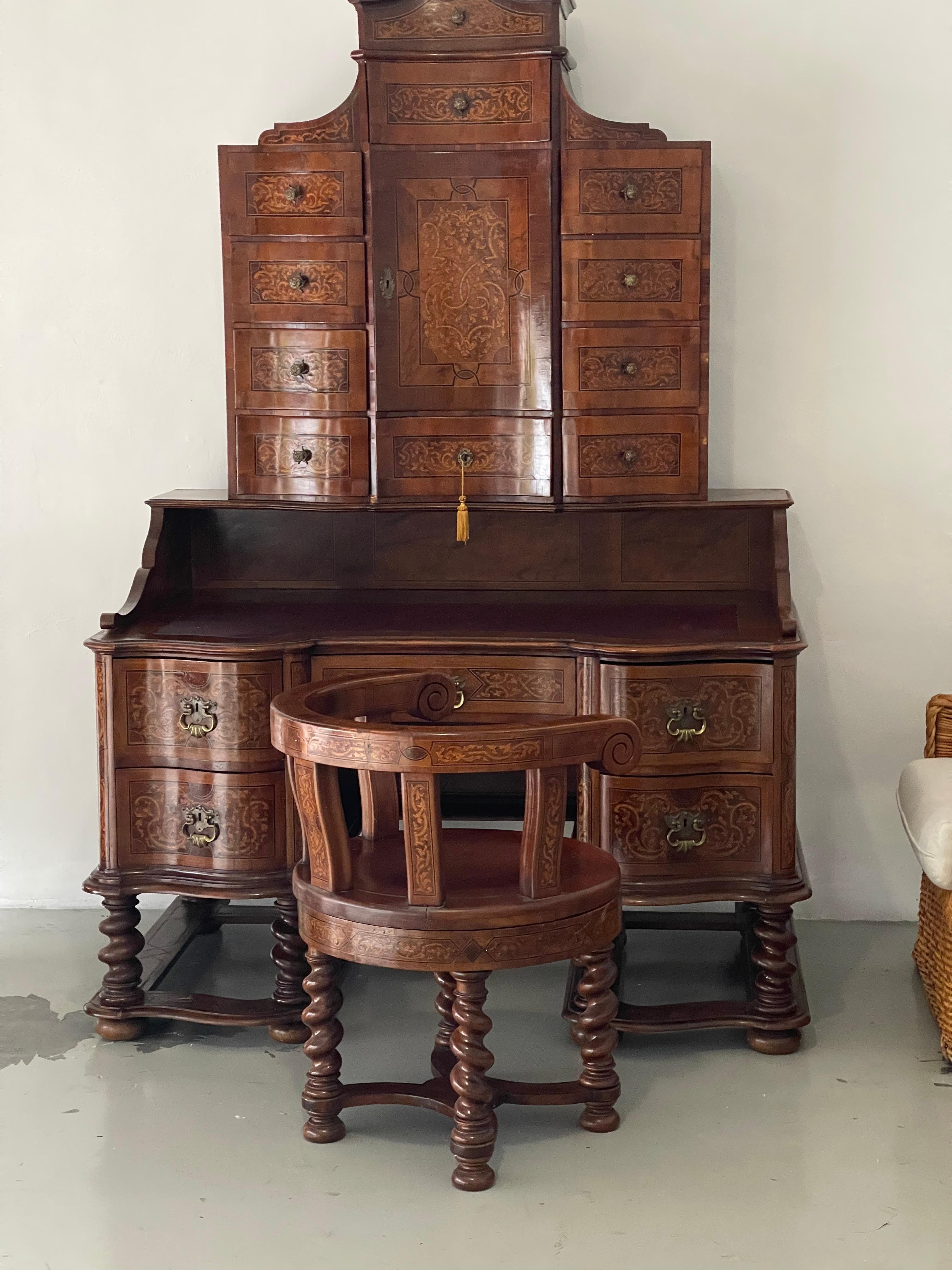Unique German Antique Secretaire with Chair Rich Inlay For Sale 10